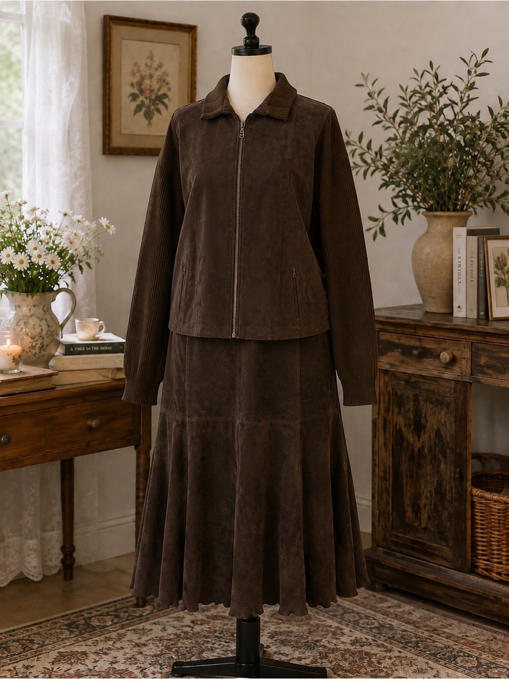 JG Hook 30W Brown Genuine Leather Jacket Skirt 2 Piece Set Plus Size